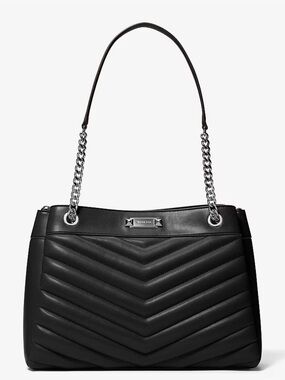 Michael Kors Black Quilted Chevron Leather Shoulder Bag with Silver Chain